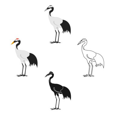 Karikatür kırmızı taçlı vinç simgesi, siyah tarzı beyaz arka plan üzerinde izole. Japonya sembolü stok vektör illüstrasyon.