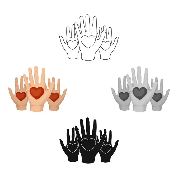 Hands up with hearts icon in cartoon,black style isolated on white background. Charity and donation symbol stock vector illustration. — Stock Vector