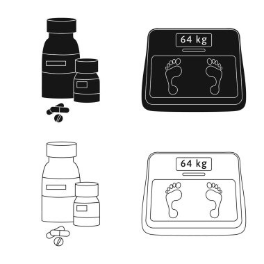 Diyet ve tedavi simge vektör Illustration. Web için diyet ve ilaç hisse senedi simgesi kümesi.