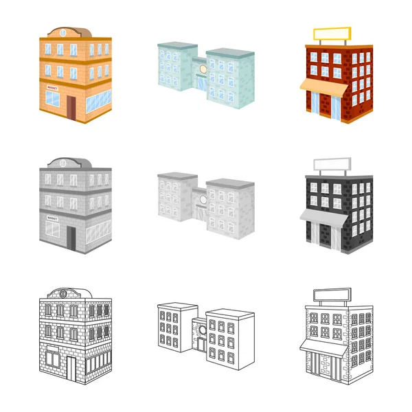 Design vettoriale della costruzione e simbolo dell'edificio. Set di icone vettoriali di costruzione e proprietà per magazzino . — Vettoriale Stock