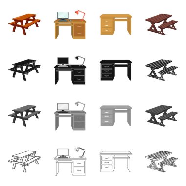 Masa ve ahşap simge izole nesne. Masa ve masa stok vektör illüstrasyonunun toplanması.