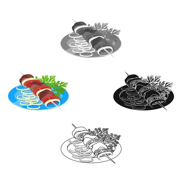 Deliciosa comida, shish kebab y ensalada. Comida y cocina icono único en la historieta, negro estilo vector símbolo stock ilustración web . — Vector de stock