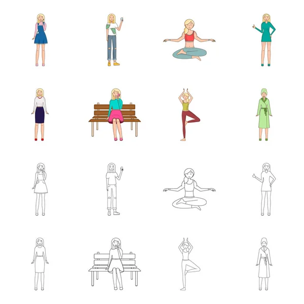 Ilustración vectorial de postura y símbolo del estado de ánimo. Conjunto de postura y símbolo de stock femenino para web . — Vector de stock