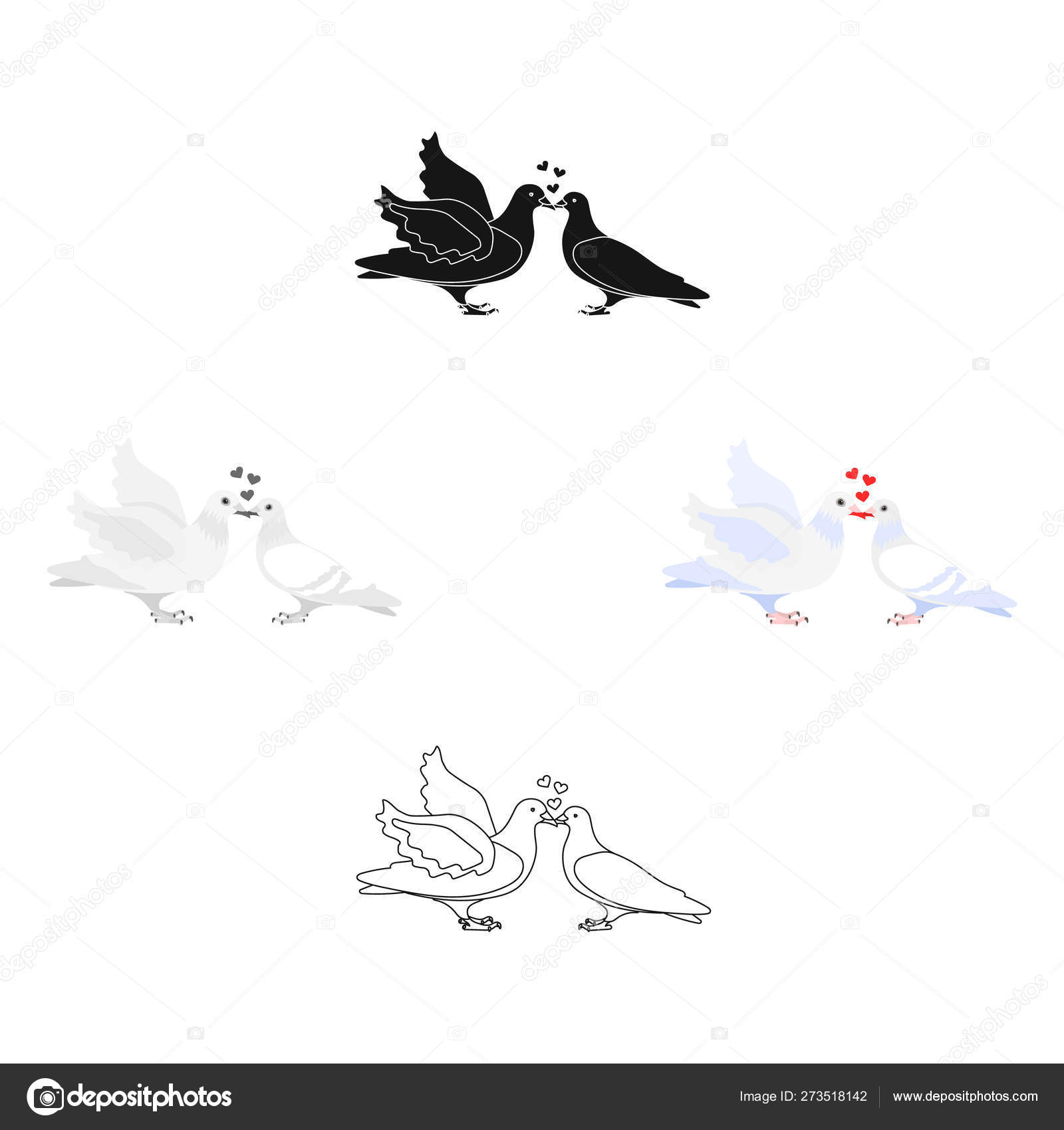 두 개의 재미있는 만화, 검은 비둘기 그림. 하트가 있는 하얀 비둘기. 신부와 신랑에 대한 사랑의 상징. 만화, 블랙 스타일 벡터 기호  스톡 일러스트 레이 션에서 웨딩 싱글 아이콘. 스톡 벡터 - ©PandaVector, image size:1600x1700