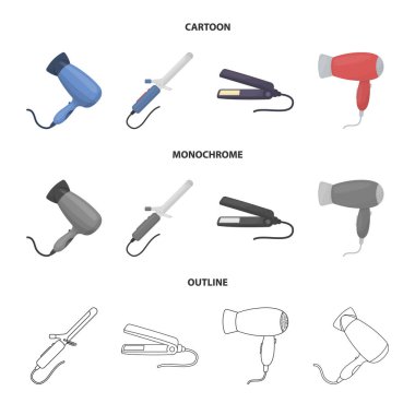 Saç ve saç kurutma makinesi simgesi izole nesne. Web için saç ve düzleştirici stok sembolü koleksiyonu.