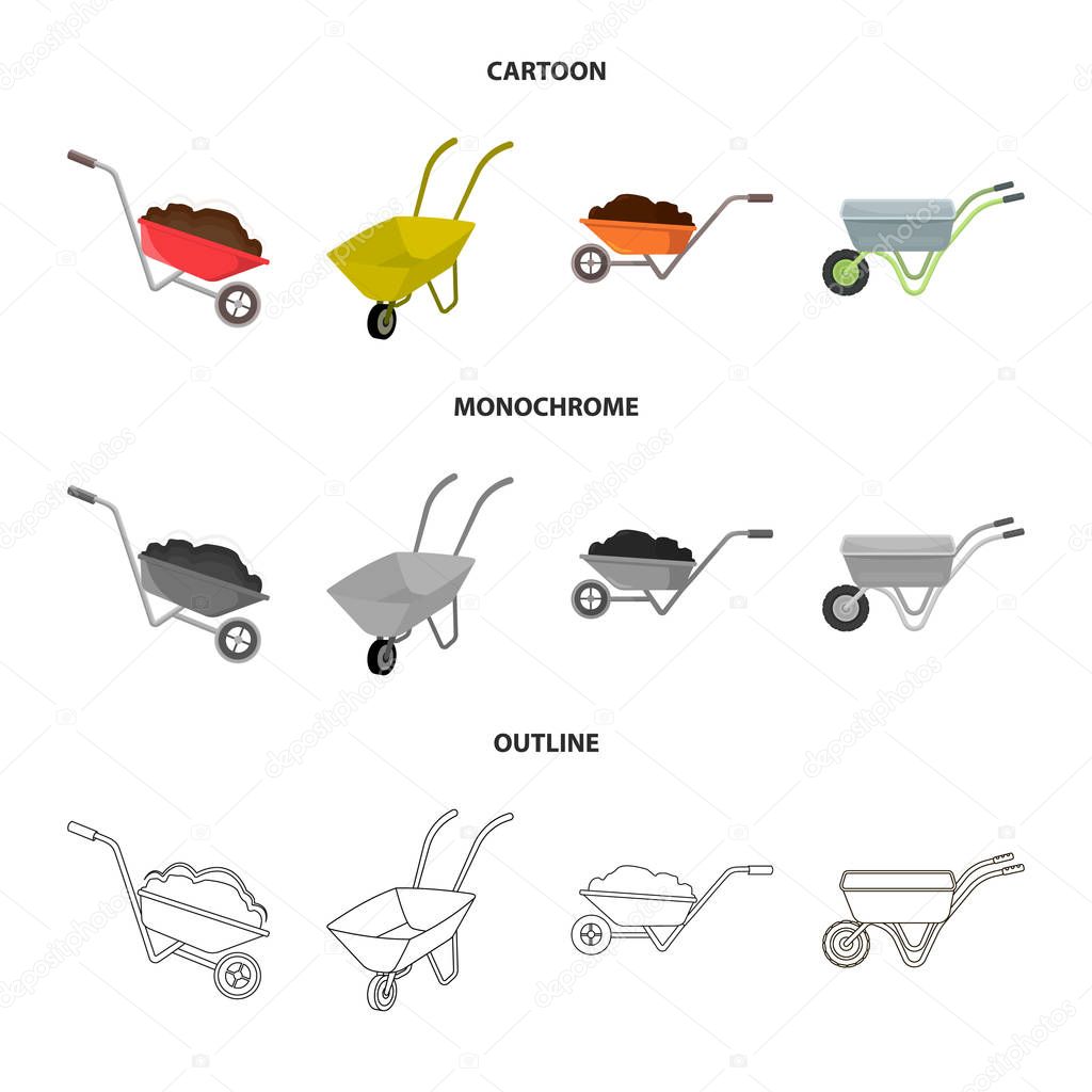 Vector illustration of wheelbarrow and dirt icon. Collection of wheelbarrow and barrow stock symbol for web.