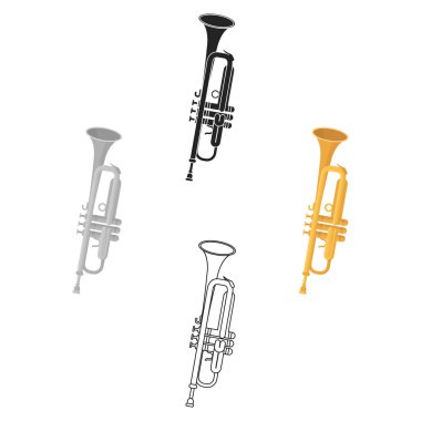 Karikatür trompet simgesi, siyah tarzı beyaz arka plan üzerinde izole. Müzik aletleri sembol stok vektör illüstrasyon