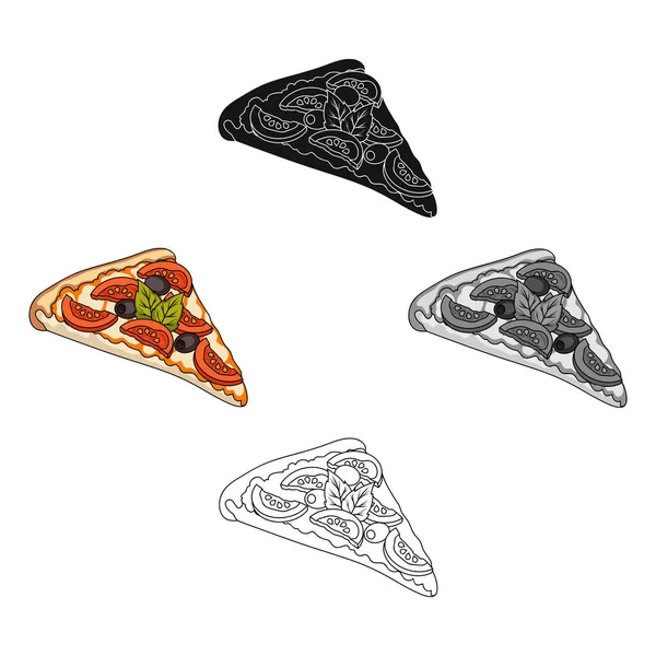 Uma fatia de pizza com ingredientes diferentes. Ícone único pizza diferente em desenhos animados, estilo preto símbolo vetorial ilustração web . —  Vetores de Stock