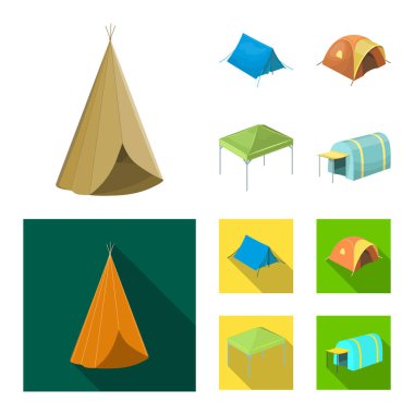 Çadır ve kamp logosu vektör illüstrasyon. Web için çadır ve orman stok sembolü seti.