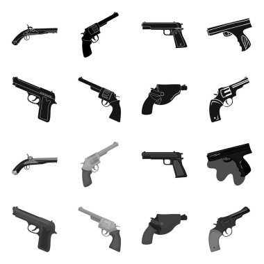 Vector illustration of revolver and pistol symbol. Set of revolver and trigger stock symbol for web.