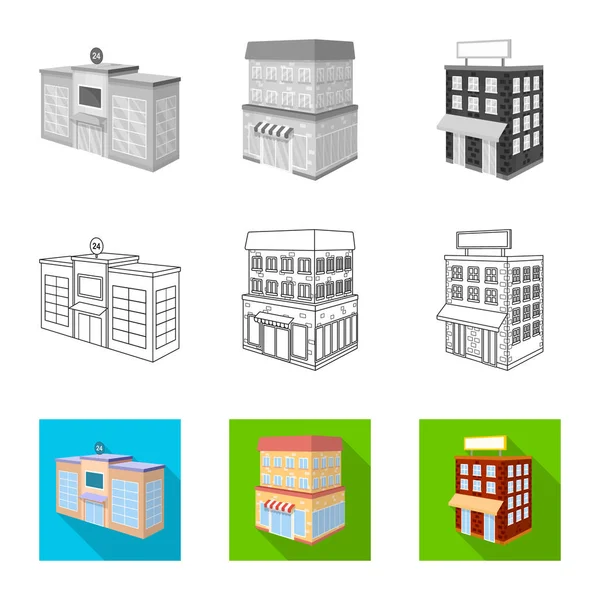 Progettazione vettoriale di costruzione e logo dell'edificio. Set di icone vettoriali di costruzione e proprietà per magazzino . — Vettoriale Stock