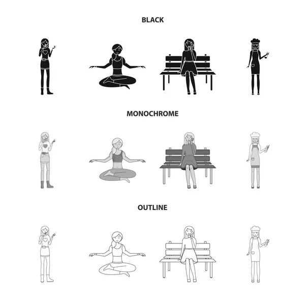 Oggetto isolato di postura e segno dell'umore. Raccolta di postura e stock symbol femminile per il web . — Vettoriale Stock