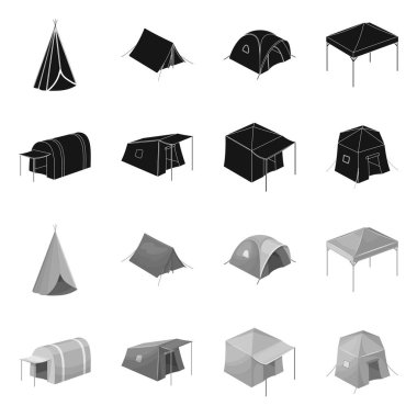 Çadır ve kamp logo vektör tasarımı. Hisse senedi için çadır ve orman vektör simge topluluğu.