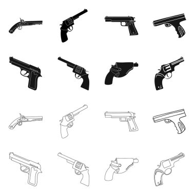 Tabanca ve tabanca sembolü vektör tasarımı. Web için revolver ve Trigger stok sembolü seti.