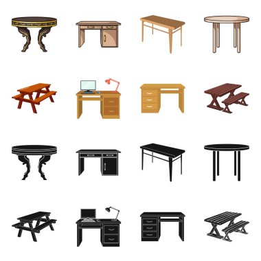 Masa ve ahşap sembolün vektör tasarımı. Tablo ve masa stok vektör çizim koleksiyonu.