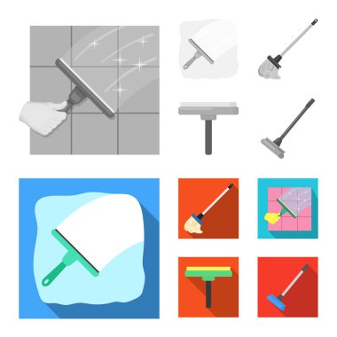 Fırça ve süpürge simgesinin vektör tasarımı. Stok için paspas ve temizleyici vektör simgesi seti.