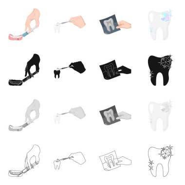 Diş ve mutlu simge izole nesne. Stok için diş ve beyazlatma vektör simgesi seti.