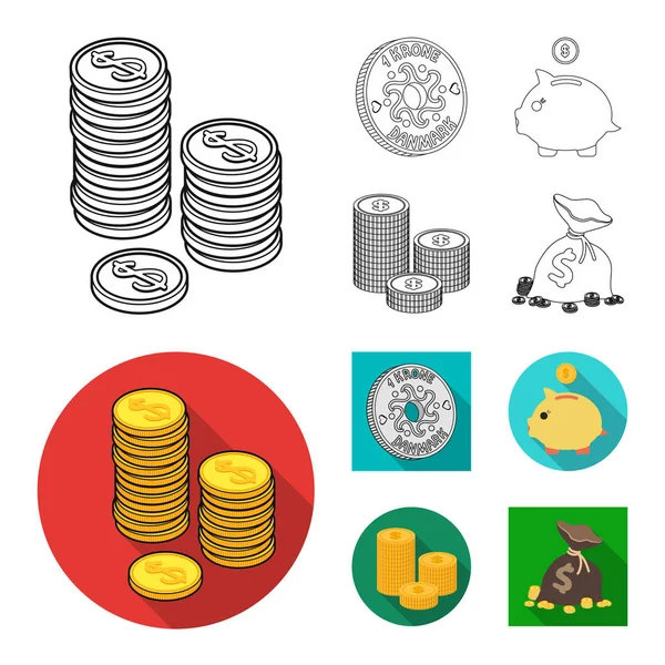 Oggetto isolato di moneta e simbolo del tesoro. Raccolta di icone vettoriali di monete e denaro per azioni . — Vettoriale Stock