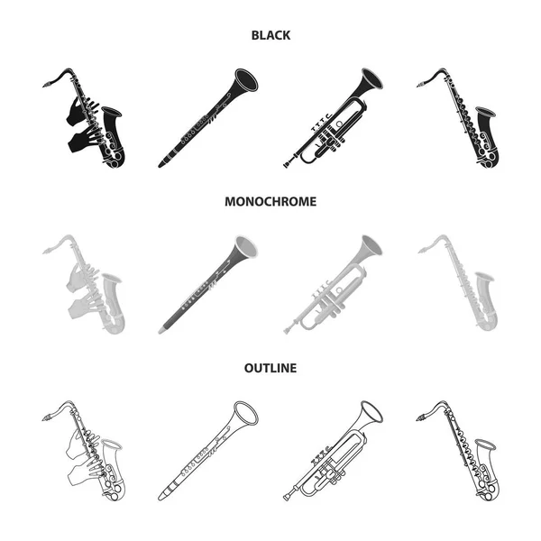 Izolovaný objekt z trumpety a mosazné ikony. Kolekce trumpety a saxofonové vektorové ikony pro populaci. — Stockový vektor