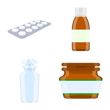 Eczane ve ilaç logo yalıtılmış nesne. Web için eczane ve sağlık hisse senedi simgesi kümesi.