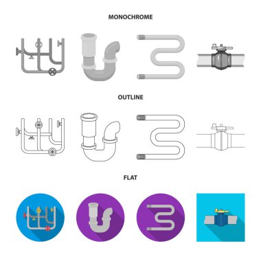 Boru ve sıhhi tesisat simgesinin izole nesnesi. Stok için boru ve metal vektör simgesi kümesi.