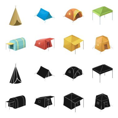 Çadır ve kamp logo yalıtılmış nesne. Hisse senedi için çadır ve orman vektör simge topluluğu.