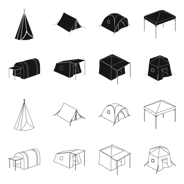 Illustrazione vettoriale della tenda e del logo del campo. Set di tenda e foresta stock simbolo per il web . — Vettoriale Stock