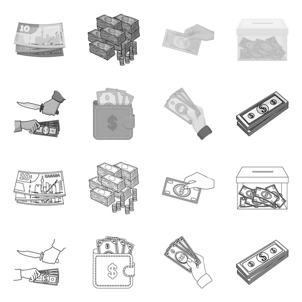 Illustrazione vettoriale del contante e del simbolo di valuta. Set di icona vettoriale di cassa e stack per magazzino . — Vettoriale Stock