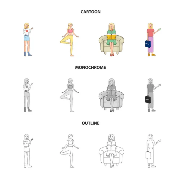 Illustrazione vettoriale della postura e segno dell'umore. Raccolta di posture e illustrazione vettoriale femminile . — Vettoriale Stock