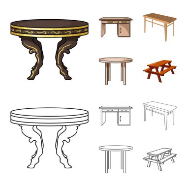Masa ve ahşap işareti izole nesne. Stok için tablo ve masa vektör simgesinin toplanması.