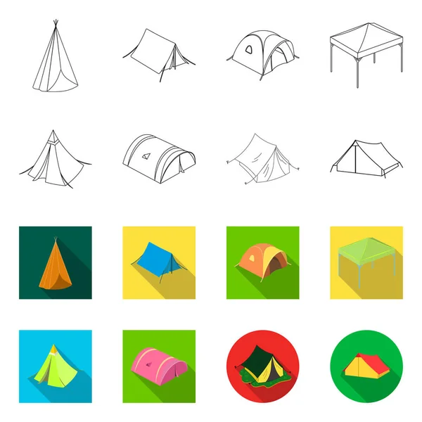 Ilustración vectorial del símbolo de tienda y campamento. Colección de carpa y símbolo de stock forestal para web . — Vector de stock