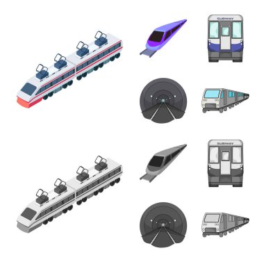Tren ve tren işareti yalıtılmış nesne. Demiryolu ve bir şekilde hisse senedi vektör çizim seti.