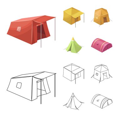 Çadır ve kamp simge vektör Illustration. Hisse senedi için çadır ve orman vektör simge topluluğu.