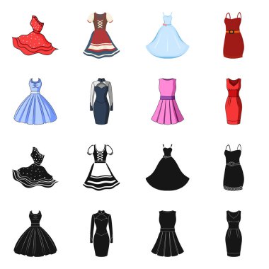 Elbise ve kıyafetler logosu yalıtılmış nesne. Elbise ve hisse senedi için akşam vektör simge kümesi.
