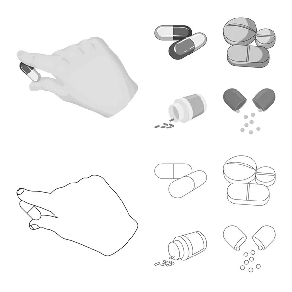Vector illustratie van pil en geneeskunde pictogram. Set van pil en vitamine Stock vector illustratie. — Stockvector
