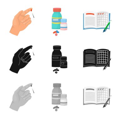 Diyet ve tedavi simge vektör tasarımı. Hisse senedi için diyet ve tıp vektör simge kümesi.