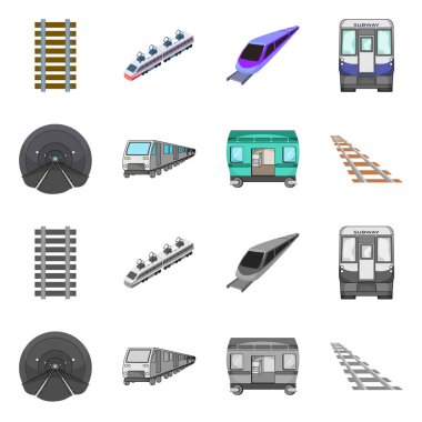 Demiryolu ve tren simgesinin izole nesnesi. Demiryolu ve yol stok vektör illüstrasyon koleksiyonu.