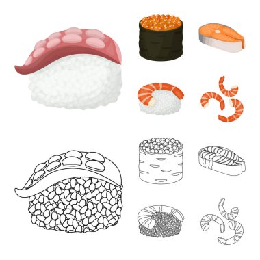 Suşi ve pirinç simgesinin izole nesnesi. Stok için suşi ve ton balığı vektör simgesi koleksiyonu.