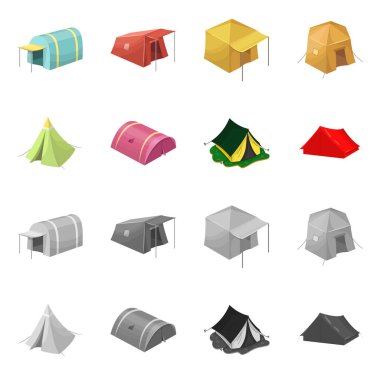 Çadır ve kamp işareti vektör illüstrasyon. Çadır ve orman stok vektör illüstrasyon seti.