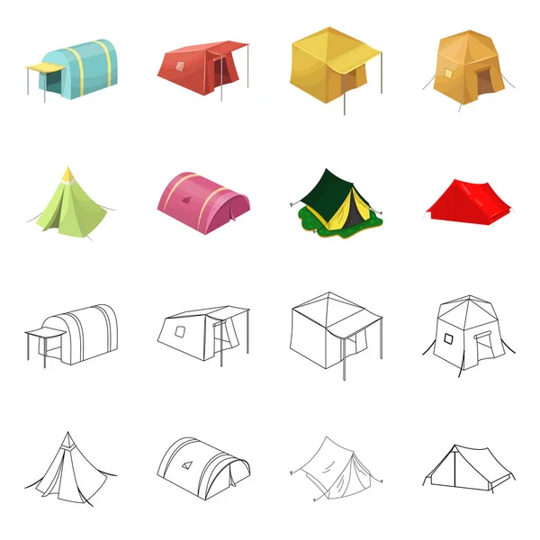 Векторная иллюстрация палатки и символа лагеря. Набор векторных иллюстраций палаток и лесов . — стоковый вектор