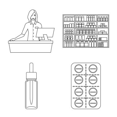Eczane ve ilaç simgesi izole nesne. Eczane ve sağlık hisse senedi vektör çizim topluluğu.