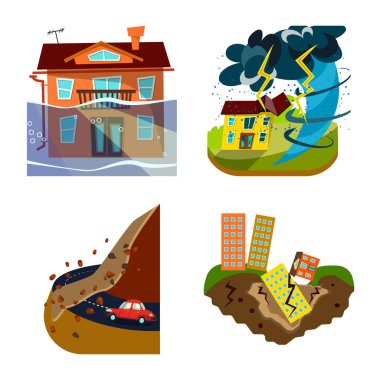 Tufan ve felaket logo vektör Illustration. Tufan ve kıyamet hisse senedi simgesi web için kümesi.