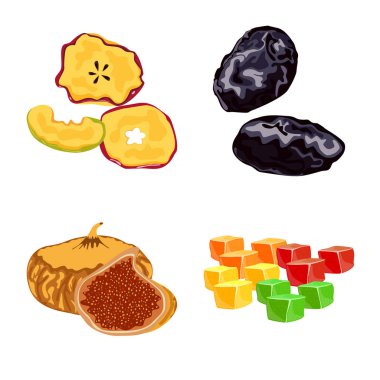 Meyve ve kurutulmuş işareti vektör tasarımı. Meyve ve gıda hisse senedi simgesi web için kümesi.