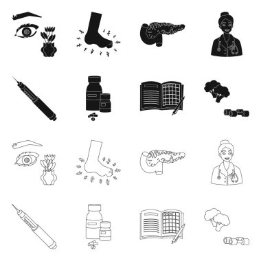 Diyet ve tedavi simge vektör tasarımı. Hisse senedi için diyet ve tıp vektör simge kümesi.