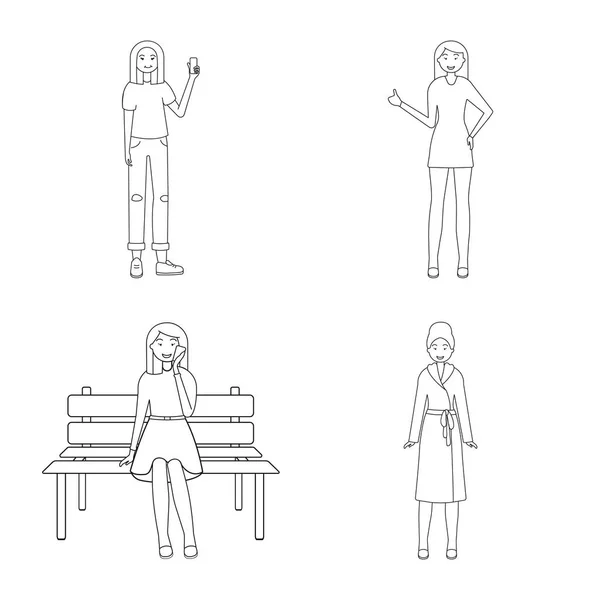Vektorové ilustrace pozice a náladou loga. Držení těla a ženské vektorové ikony pro stock. — Stockový vektor