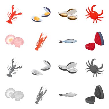 Taze ve restoran simge vektör Illustration. Hisse senedi için taze ve deniz vektör simge topluluğu.