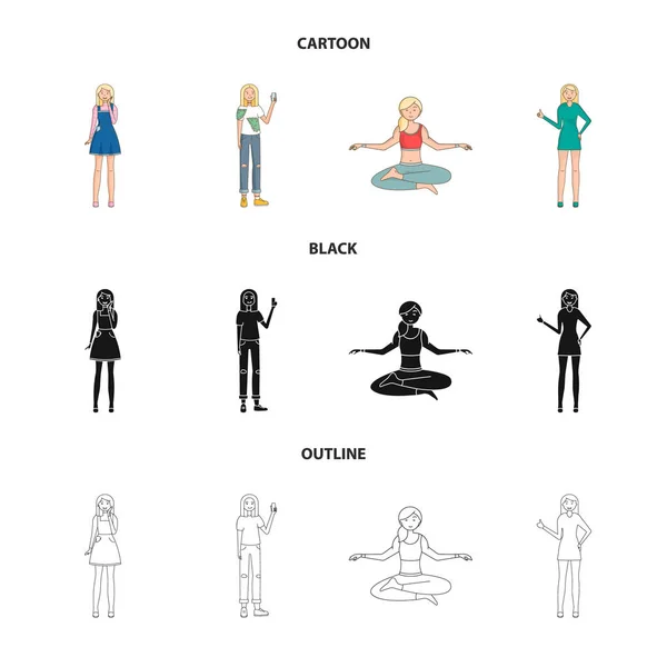 Vector illustration of posture and mood icon. Set of posture and female stock vector illustration. — Stock Vector