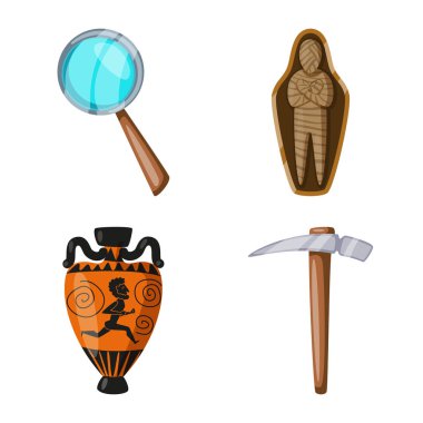 Arkeoloji ve tarihi logo vektör tasarımı. Stok için arkeoloji ve kazı vektör simgesi koleksiyonu.