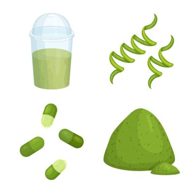 Vektör Illustration Spirulina ve yosun logosu. Stok için Spirulina ve Vegan vektör simgesi koleksiyonu.