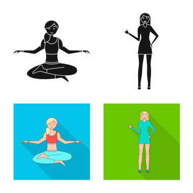 Duruş ve ruh hali logo yalıtılmış nesne. Duruş ve kadın hisse senedi vektör çizim.